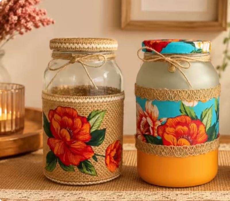 ۳ روش جذاب و آسان برای تزئین ظروف شیشه ای دورریختنی و پارچه