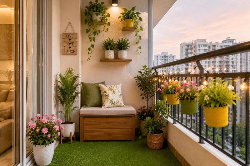 تزیین بالکن کوچک با چمن مصنوعی؛ ایده های خفن دیزاین!