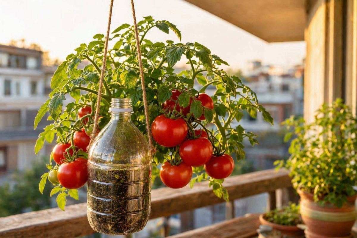 کاشت گوجه فرنگی در بطری پلاستیکی؛ روشی خلاقانه برای آپارتمان نشین ها