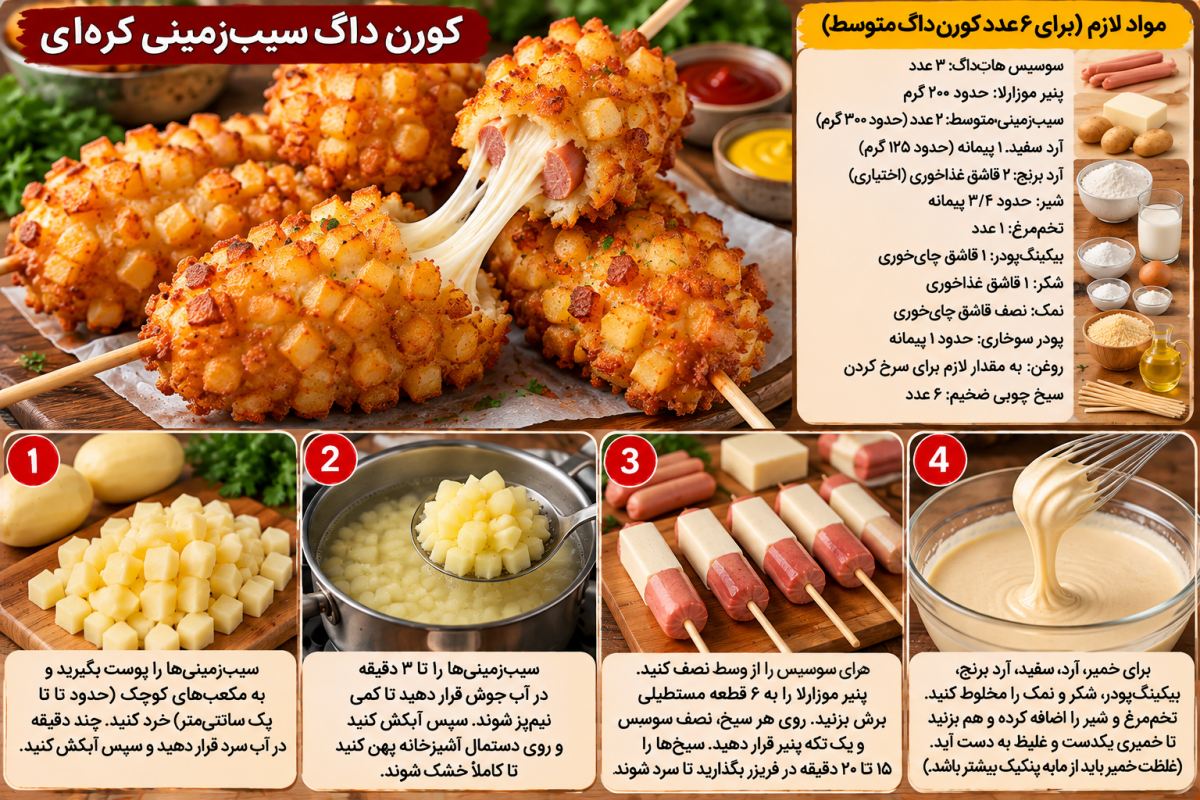 طرز تهیه کورن داگ سیب زمینی؛ یه میان وعده خوشمزه با مواد ساده