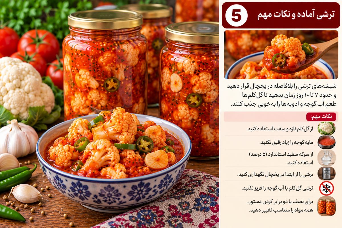 طرز تهیه ترشی گل کلم با آب گوجه؛ قرمز، ترد و فوق العاده خوشمزه!