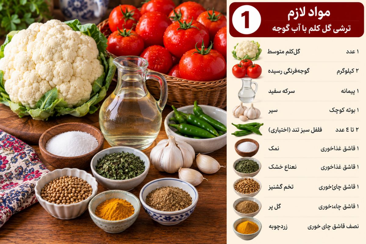 طرز تهیه ترشی گل کلم با آب گوجه؛ قرمز، ترد و فوق العاده خوشمزه!