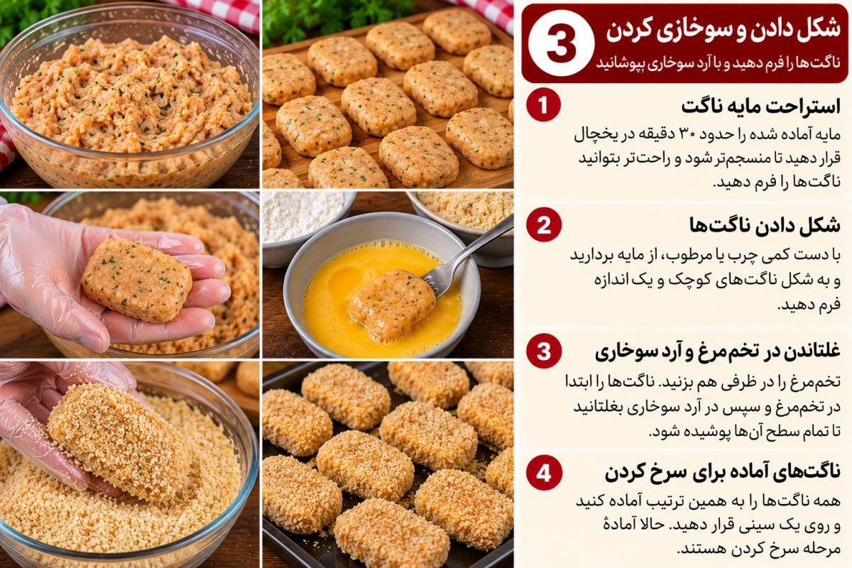 طرز تهیه ناگت مرغ با نان باگت؛ ترد و خوشمزه مثل فست فودی ها!