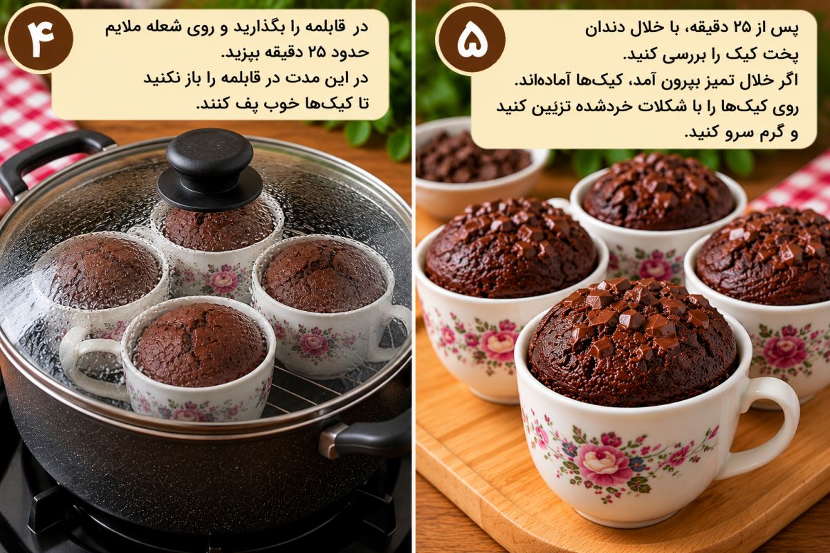 طرز تهیه کیک شکلاتی فنجانی بدون فر؛ نرم، پف دار و خوشمزه با قابلمه!