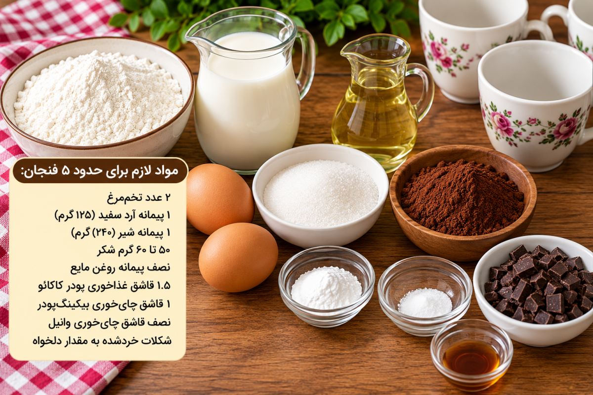طرز تهیه کیک شکلاتی فنجانی بدون فر؛ نرم، پف دار و خوشمزه با قابلمه!