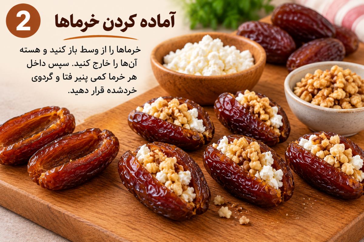 طرز تهیه لقمه خرمایی با پنیر و گردو ؛ یک شیرینی مجلسی و متفاوت