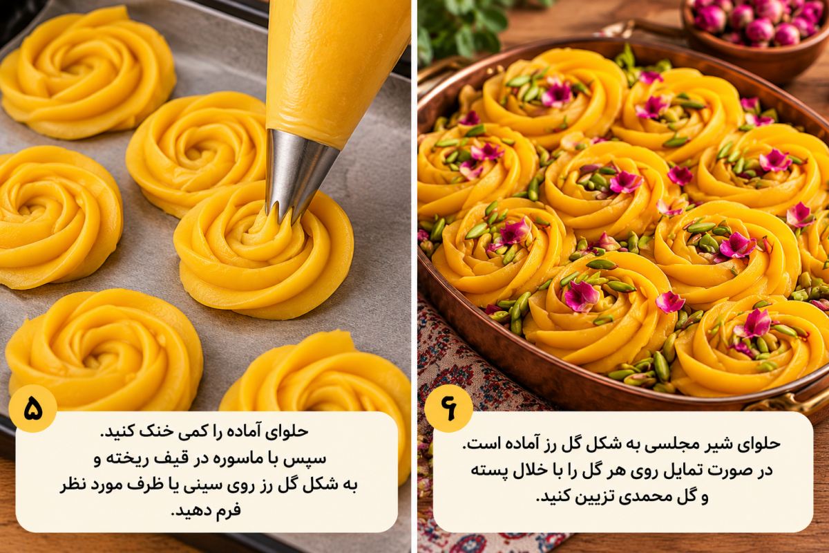 آموزش حلوای شیر زعفرانی با تزیین زیبا و مجلسی