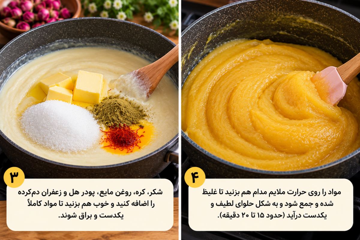 آموزش حلوای شیر زعفرانی با تزیین زیبا و مجلسی