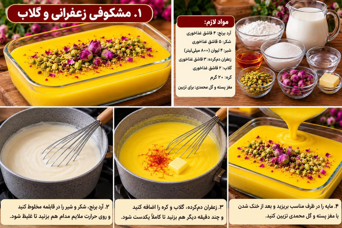 طرز تهیه ۵ مدل دسر مشکوفی با شیر و نشاسته؛ خوشمزه، اقتصادی و بدون فر