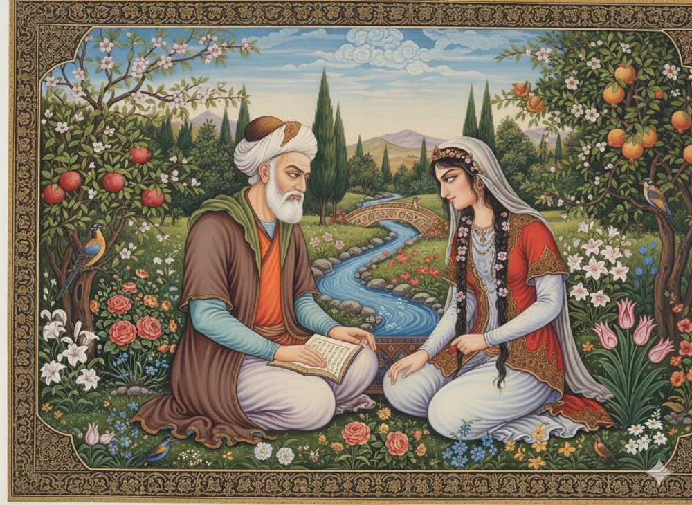تصویری مفهومی از حافظ و ترک شیرازی در باغ