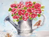 آموزش نقاشی آبرنگ با موضوع گل های بهار و گنجشک ها