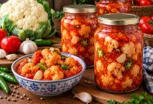 طرز تهیه ترشی گل کلم با آب گوجه؛ قرمز، ترد و فوق العاده خوشمزه!