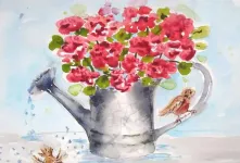 آموزش نقاشی آبرنگ با موضوع گل های بهار و گنجشک ها