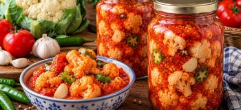 طرز تهیه ترشی گل کلم با آب گوجه؛ قرمز، ترد و فوق العاده خوشمزه!