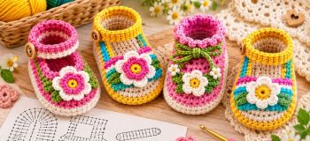 ۴ مدل پاپوش نوزادی قلاب بافی شیک و فانتزی؛ همراه با نقشه بافت
