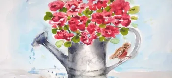 آموزش نقاشی آبرنگ با موضوع گل های بهار و گنجشک ها
