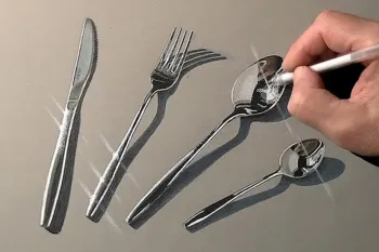 آموزش قدم به قدم نقاشی سه بعدی قاشق و چنگال استیل برای افراد مبتدی