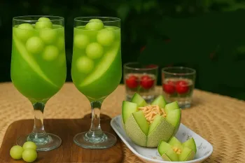 طرز تهیه دسر دو رنگ طالبی با توپک های شناور/ خوشمزه، خنک و شیک برای تابستون!