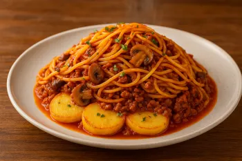 طرز تهیه ماکارونی مجلسی با قارچ و ته دیگ طلایی سیب زمینی