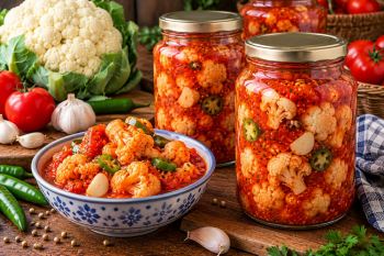 طرز تهیه ترشی گل کلم با آب گوجه؛ قرمز، ترد و فوق العاده خوشمزه!