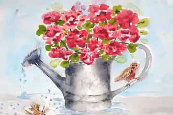 آموزش نقاشی آبرنگ با موضوع گل های بهار و گنجشک ها