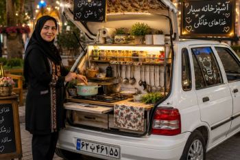 باور نمی کنید داخل این پراید چه خبر است!؛ بانوی خوش ذوق سبزواری پراید را به یک آشپزخانه سیار تبدیل کرد