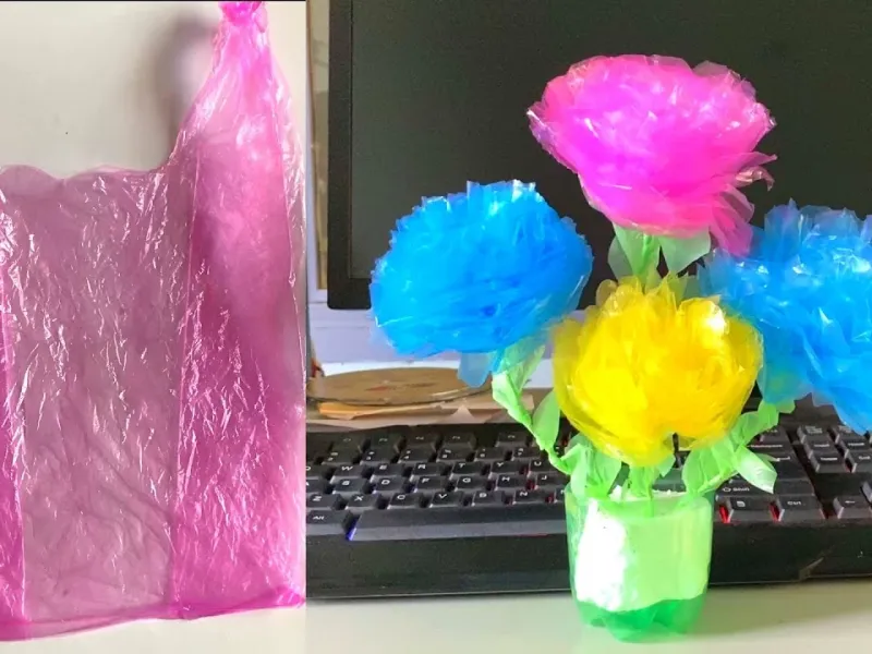 بازیافت کیسه پلاستیکی / ساخت گل های رنگارنگ برای روی میز