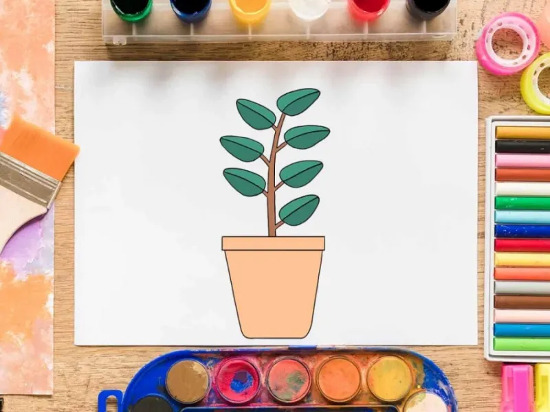 نقاشی کودکانه 💛 با 9 مرحله خیلی ساده یک گلدان گیاه نقاشی کن