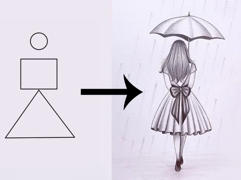 چگونه فقط با یک مداد یک دختر در حال راه رفتن زیر باران را با چتر بکشیم!