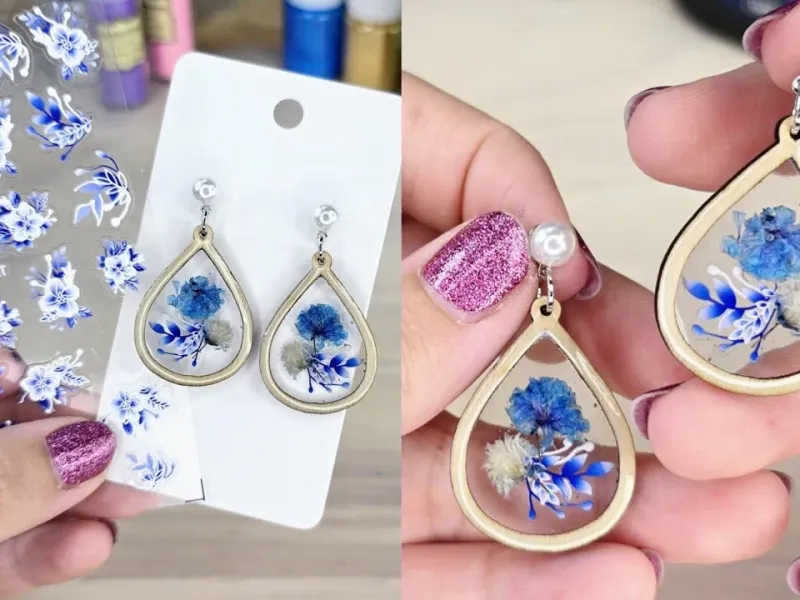 گوشواره های رزینی دست ساز | گل های خشک آبی و سفید + قاب های چوبی!
